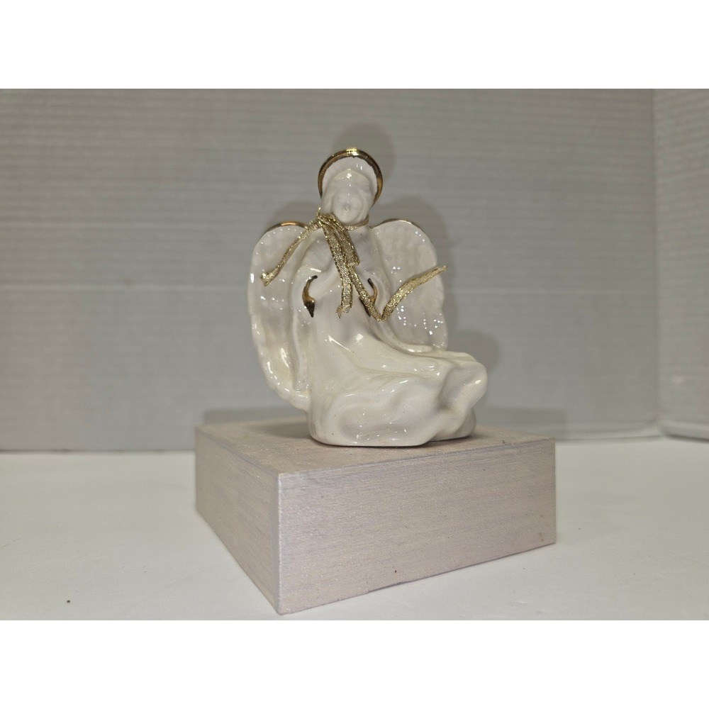 vintage‎ white porcelain angel figurine with gold accents signed